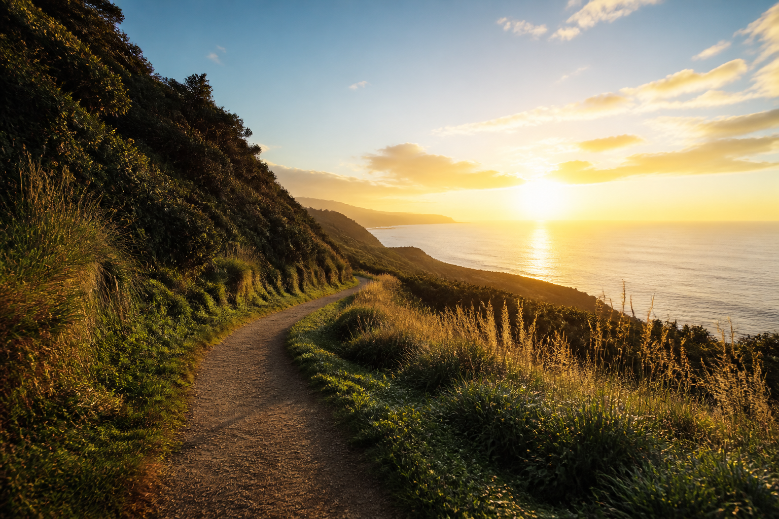 A sunrise over a coastal walking path beside the ocean.